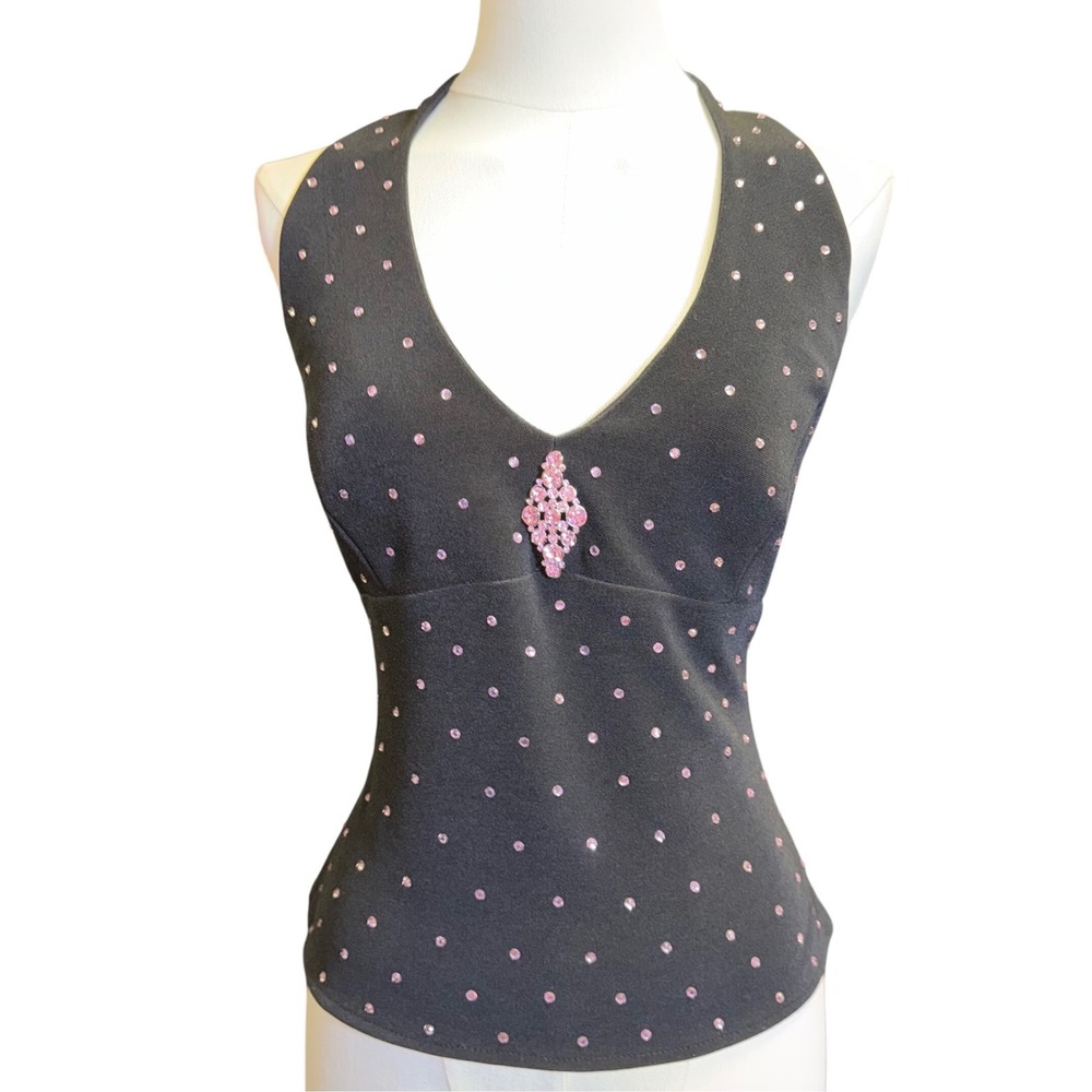 Cache Halter Top Women 10 Black Good Vintage Y2K Pink Rhinestone Brooch Sparkle